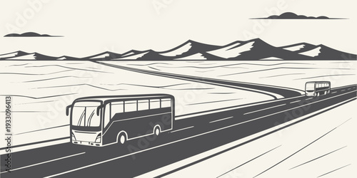 A vintage bus travels along a winding road through a mountainous landscape. Vector