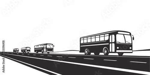 Three buses traveling on a highway with different sizes and designs Vector