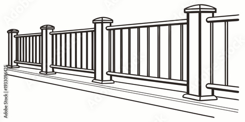 A detailed illustration of a metal fence with vertical bars and concrete pillars Vector