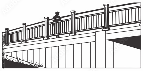 A detailed illustration of a wooden bridge with railings and support structures. Vector