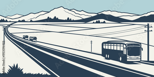 A scenic view of a train journey through a mountainous landscape with snow-capped peaks. Vector