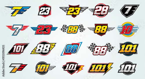Racing number designs with wings and various shapes for motorsport branding.