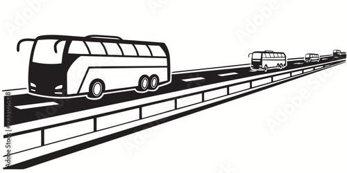 A modern bus and a vintage train travel on parallel tracks in a black and white illustration. Vector