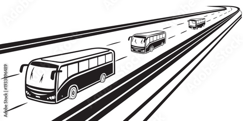 A line of buses traveling on a highway with mountains in the background Vector