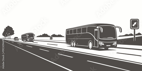 A bus travels down a highway with other vehicles in the background. Vector