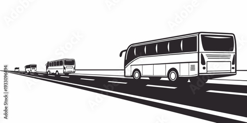 Three buses traveling on a highway in a single file line. Vector