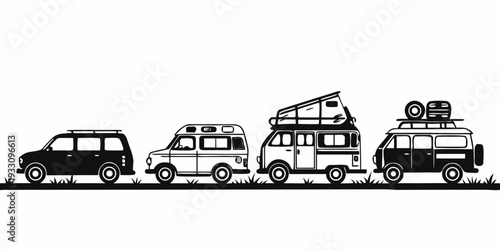 A diverse collection of vintage vehicles lined up in a row Vector