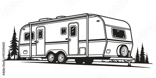 A vintage travel trailer parked in a scenic outdoor setting with trees and mountains in the background. Vector