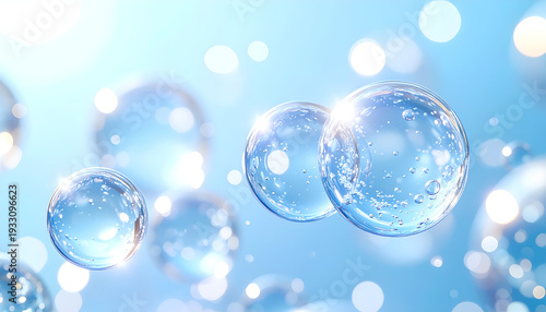 Abstract image of water molecules. Bubbles and spheres of light blue, representing molecules and atoms, with connecting lines, against a light blue backdrop. Delicate, scientific visual