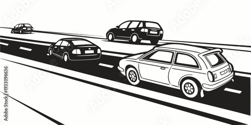 Cars driving on a multi-lane highway during a rainy day. Vector