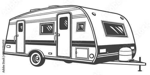 A detailed illustration of a compact travel trailer with an extended awning. Vector