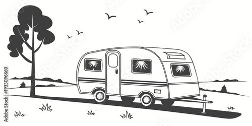 A vintage camper van driving down a scenic road with birds flying overhead. Vector