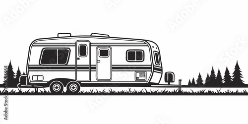 A vintage camper trailer attached to a train on a scenic route through the forest Vector