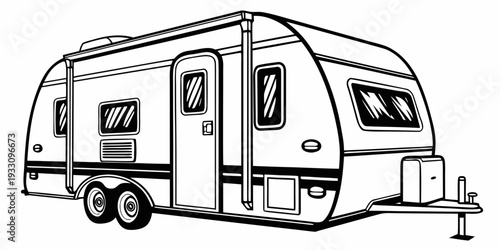 A detailed illustration of a travel trailer with a streamlined design and various features Vector
