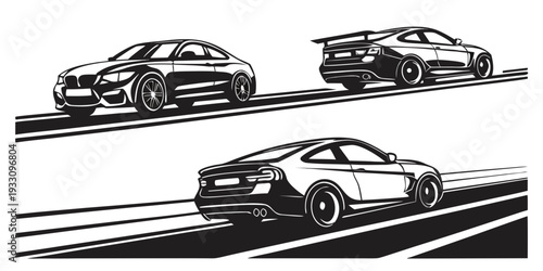 Three vintage cars racing on a winding road with a scenic background Vector