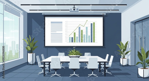 Modern conference room with a large screen displaying business data analysis.