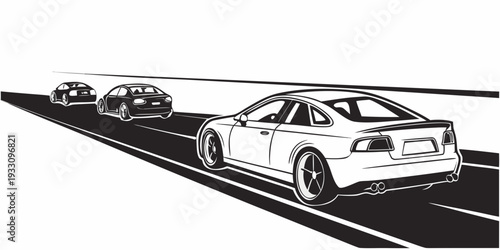 A line of cars waiting at a red light on a city street. Vector