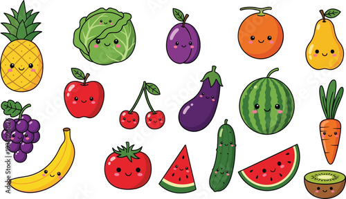 Cute cartoon fruits and vegetables collection with smiling faces pineapple watermelon banana carrot and more colorful vector illustration set