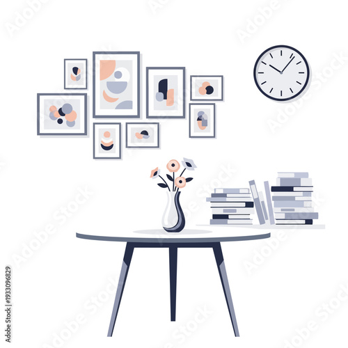 Cozy Home Office Corner with Abstract Art, Books, and Flowers