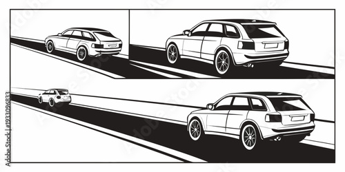 A series of cars driving down a steep, winding road with a cliff edge. Vector