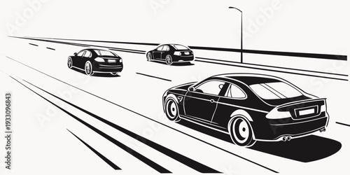 Three sleek black cars speeding on a highway with a blurred background. Vector