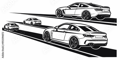 Three sleek cars parked in a row with a focus on the rear of the vehicles. Vector