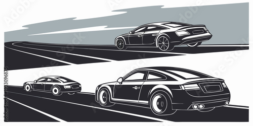 Three classic cars racing on a track in a vintage photograph Vector