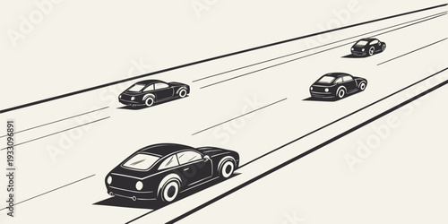 A group of cars driving on a multi-lane highway in a city setting. Vector