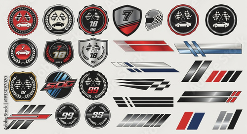 Racing emblems and stripes collection for automotive design and branding.