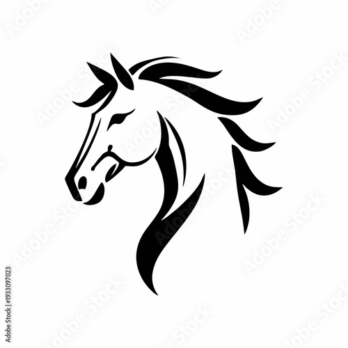 Minimalist horse head logo with flowing mane in elegant black silhouette style, modern vector animal emblem perfect for equestrian branding, sport identity, luxury logo design and premium creative pro