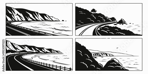 Four distinct black and white images of a whale swimming in the ocean. Vector