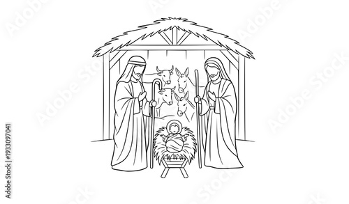 Minimal Christmas manger birth of Jesus line art vector illustration