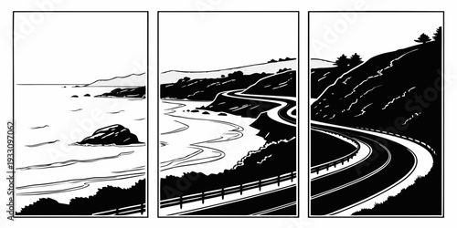 A serene coastal landscape with winding roads and lush greenery. Vector