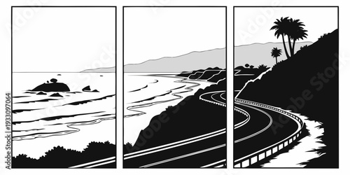 A picturesque coastal road winding through a scenic landscape with trees and hills. Vector