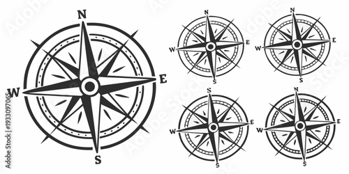 A collection of various compass designs and orientations for navigation and direction. Vector
