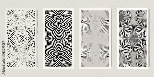 Four abstract black and white patterned prints arranged in a row