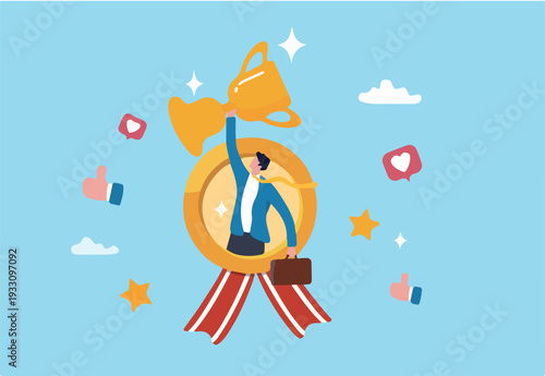 Employee of the month award winner, high performance champion, gold medal reward, success or victory recognition prize, leadership or achievement concept, success businessman holding trophy b.