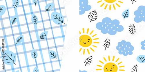 Playful pattern featuring suns clouds leaves and a blue checkered background