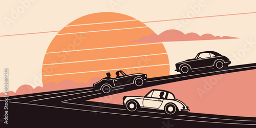 A vibrant sunset over a winding road with various vehicles and a cyclist. Vector