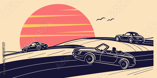 A serene sunset scene with a vintage car and birds in flight over a calm body of water Vector
