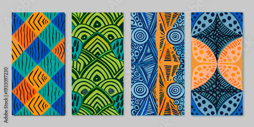 Four vibrant vertically oriented panels with bold tribal patterned designs