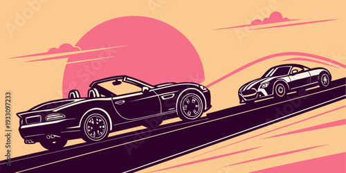 Two vintage cars racing on a desert road at sunset with a dramatic sky. Vector