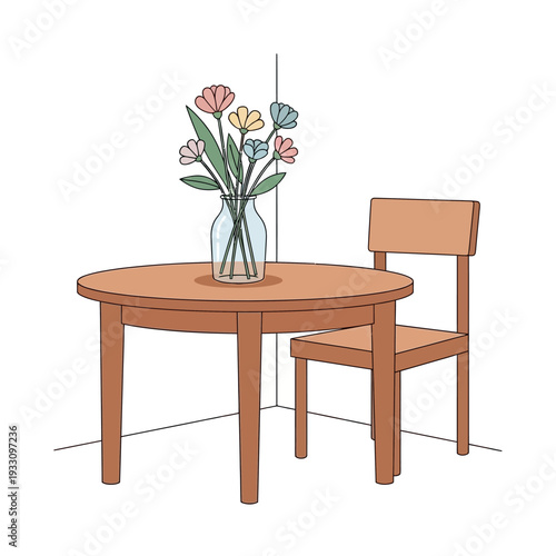 Cozy Corner: Round Table, Chair, and Flowers in a Vase