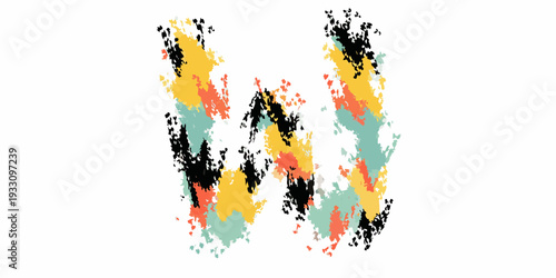 Abstract representation of the letter w using colorful scattered shapes