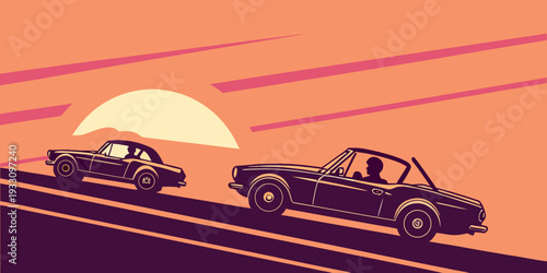 Two cars racing on a track under a vibrant sunset sky with a rainbow arch Vector