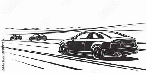 A pair of luxury cars driving on a wet road in a city setting Vector