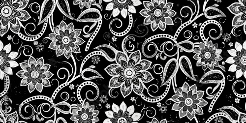 Intricate floral pattern in grayscale with swirling decorative elements