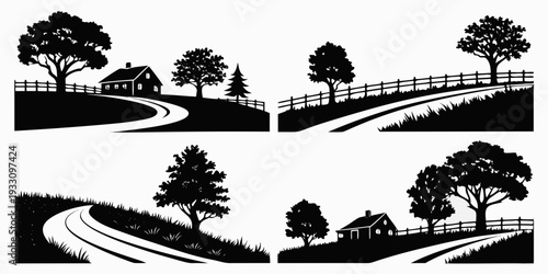 A serene landscape with trees, a bridge, and rolling hills under a clear sky Vector