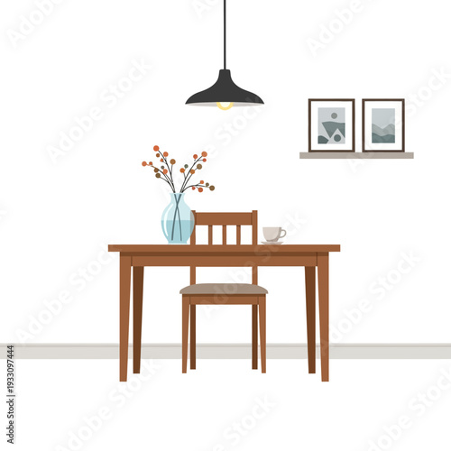 Cozy Dining Room Corner: Table, Chair, Vase with Berries, and Wall Art