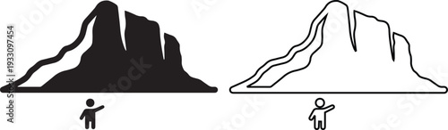 Minimalist black silhouette and outline icon of a massive mountain peak with a small human figure, representing outdoor adventure travel, nature exploration, and hiking achievements.